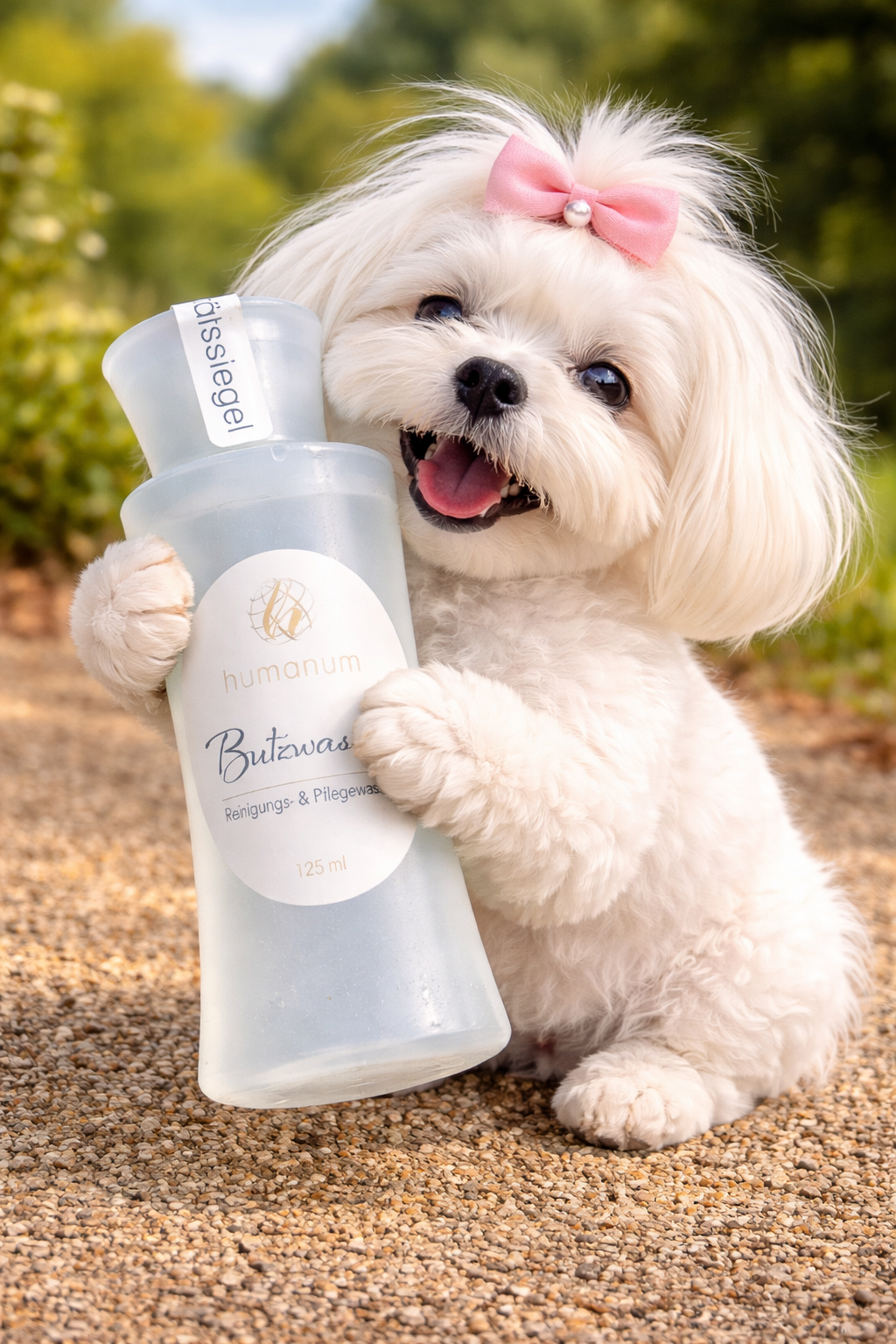 fröhlicher maltese mit butzwasser flasche